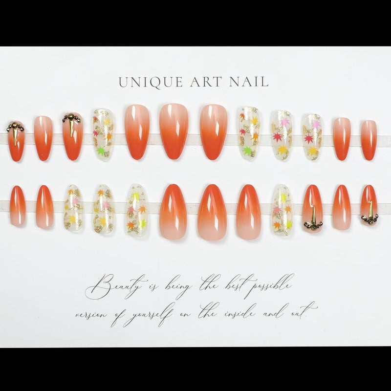 CJDLTS Thanksgiving Day Press on Nails Almond Tip Maple Leaf False Nail Full Cover Glossy Gradient Stick on Nail Acrylic Rhinestones Artificial Fingernails Fall Festival Glue on Nails for Women 24Pcs - Image 2